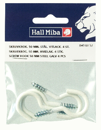 Skruvkrok 50 mm stål vitlack 4-p
